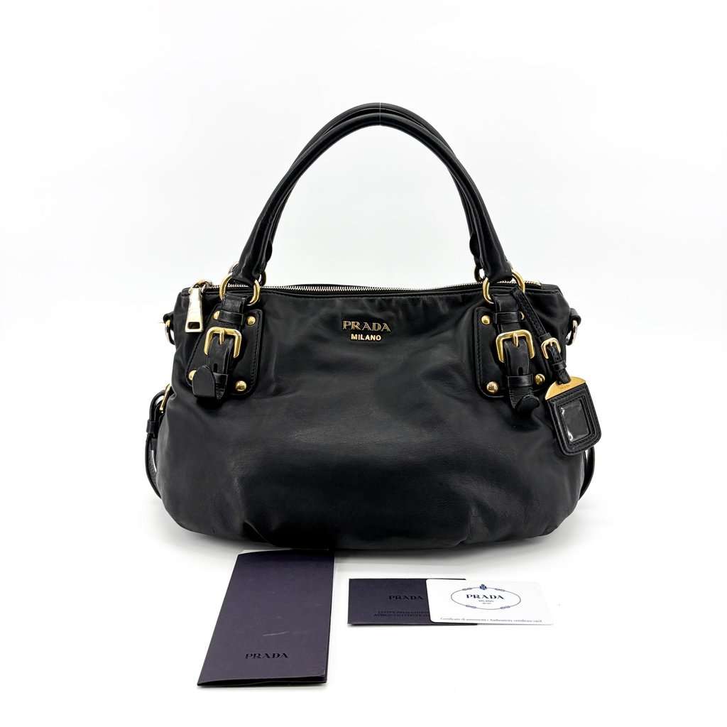 Prada Vitello Phoenix Black Gold Buckle Top Handle Bag Black Leather Good - Back View