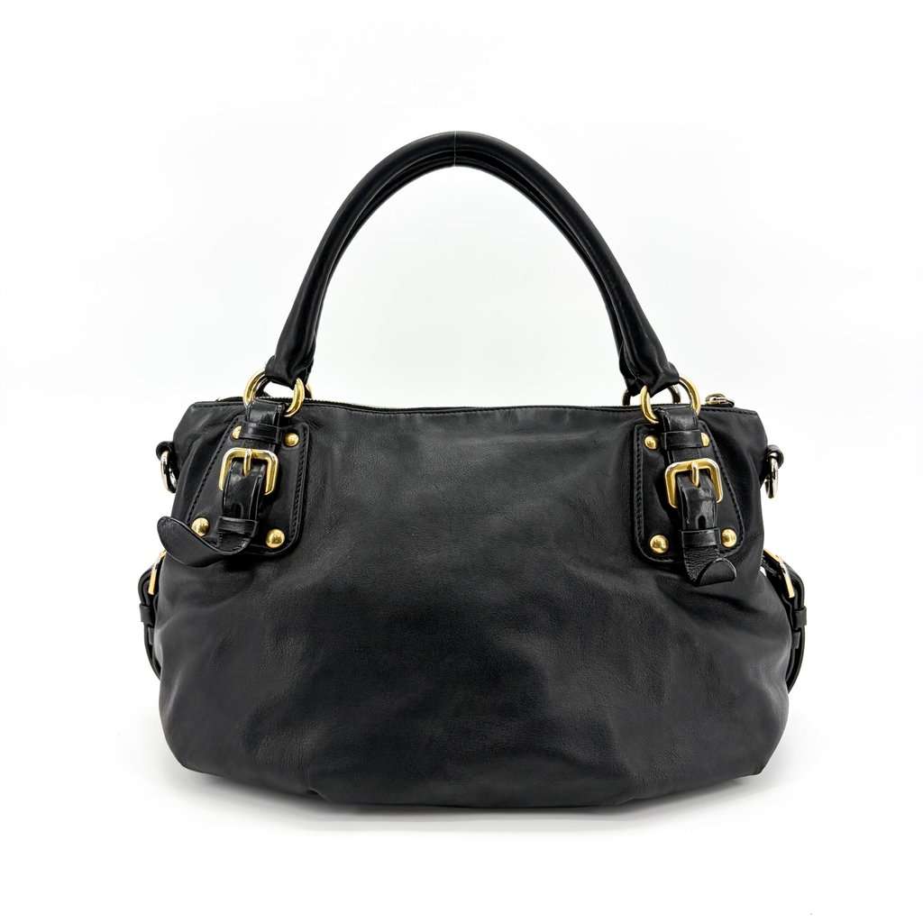 Prada Vitello Phoenix Black Gold Buckle Top Handle Bag Black Leather Good - Inside View