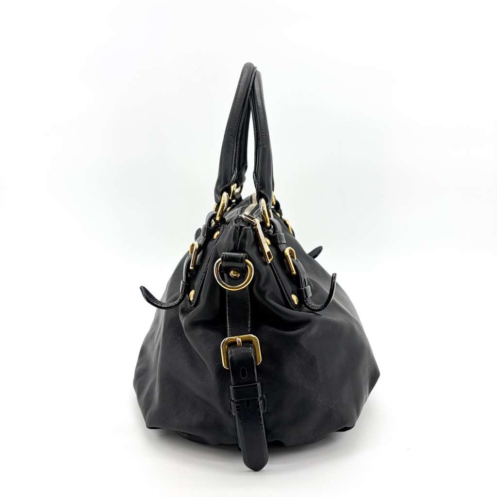 Prada Vitello Phoenix Black Gold Buckle Top Handle Bag Black Leather Good - Box View