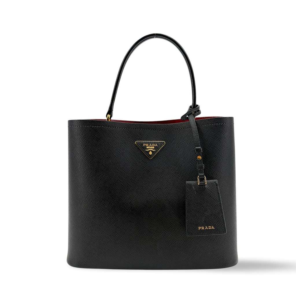 Prada Panier Saffiano Leather Medium Bag Black Black Leather Very good - Front View