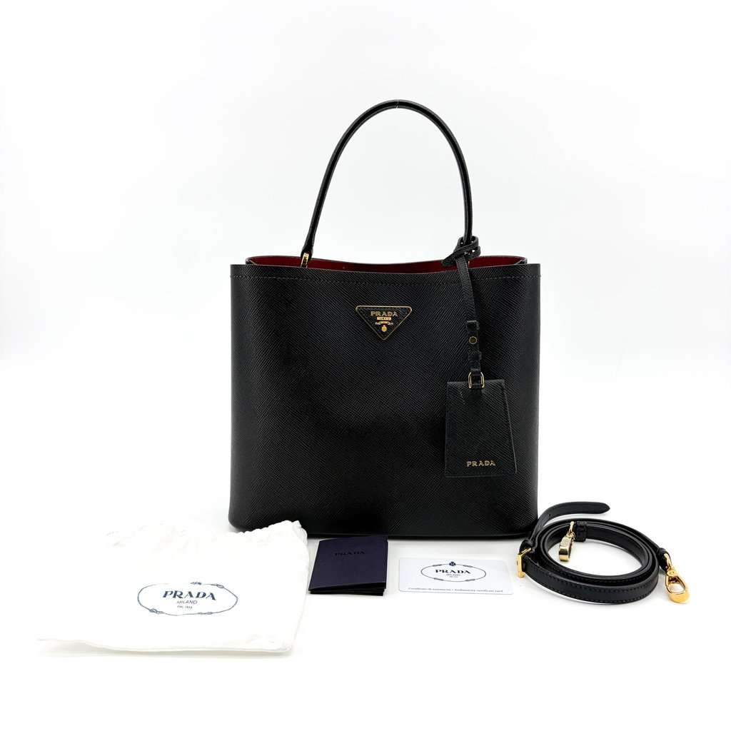 Prada Panier Saffiano Leather Medium Bag Black Black Leather Very good - Back View