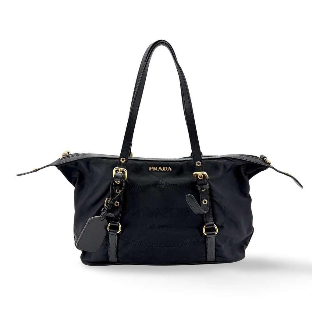 Prada Tessuto Nylon Saffiano Trimmed Shopper Bag Black Gold Hardware Black Leather Good - Front View