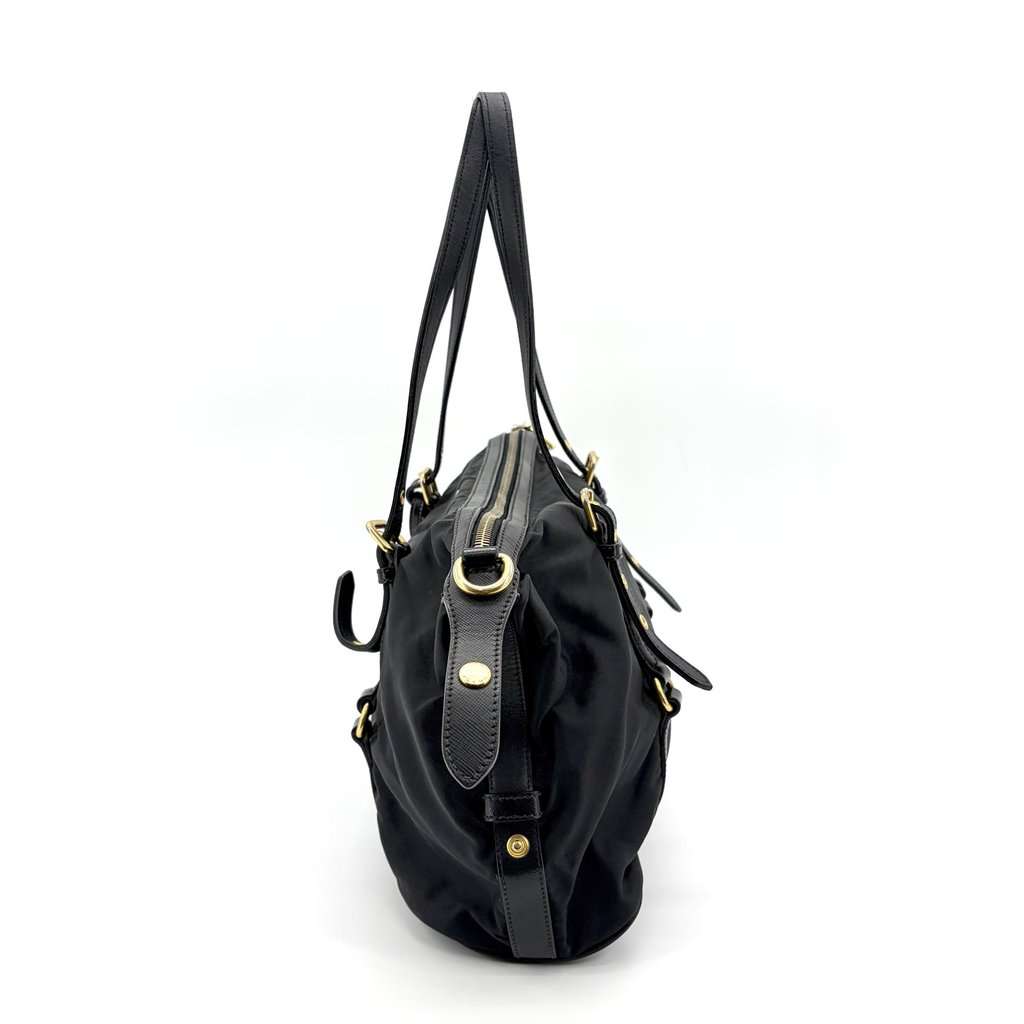 Prada Tessuto Nylon Saffiano Trimmed Shopper Bag Black Gold Hardware Black Leather Good - Model View