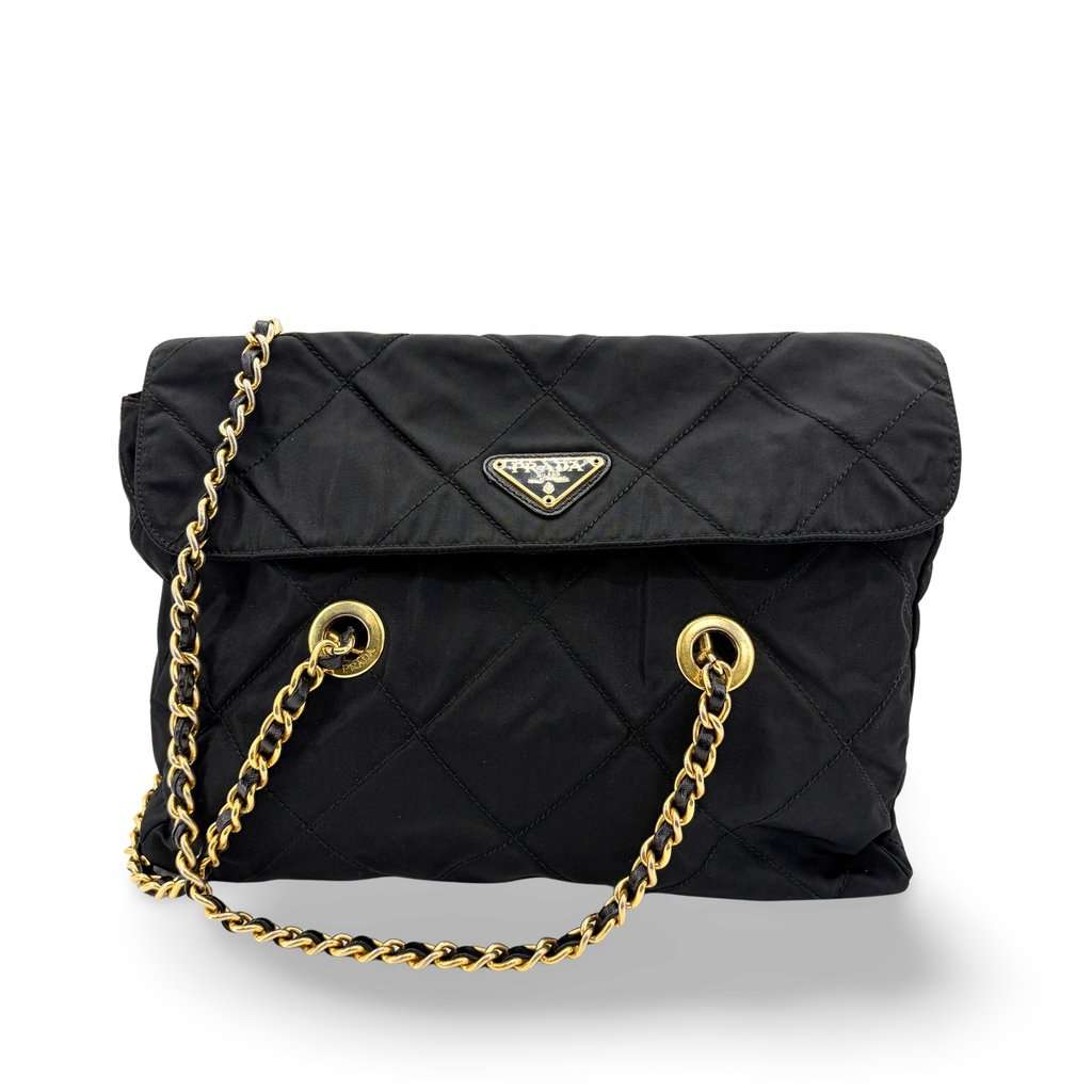 Prada Quilted Nylon Chain Shoulder Bag Black Black Polyamide Good - Front View