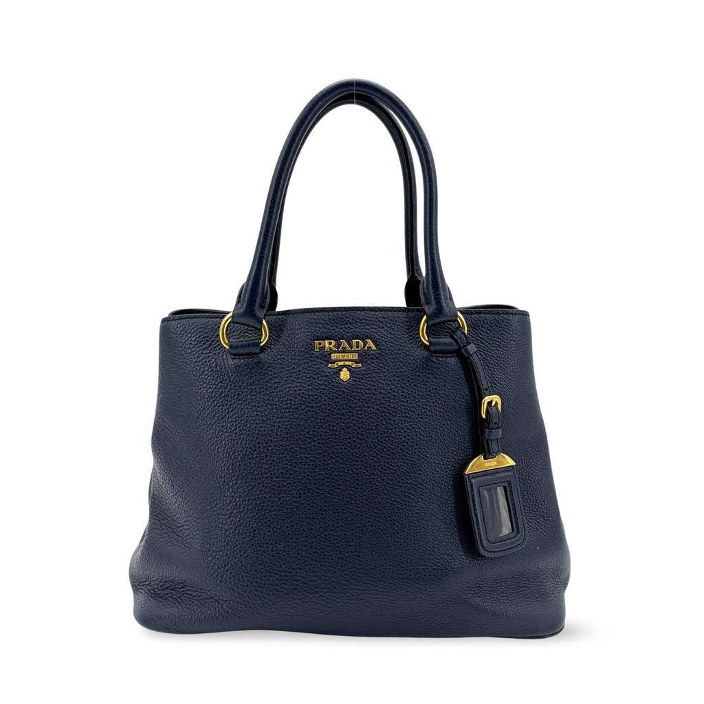 Prada Vitello Phoenix Tote Bag Baltico Gold Hardware Navy Leather Good - Front View