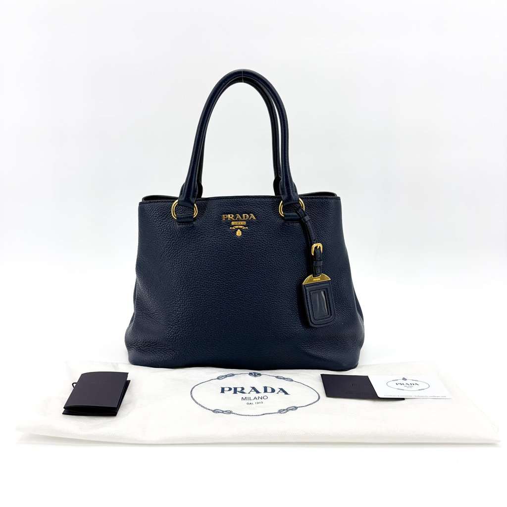 Prada Vitello Phoenix Tote Bag Baltico Gold Hardware Navy Leather Good - Back View