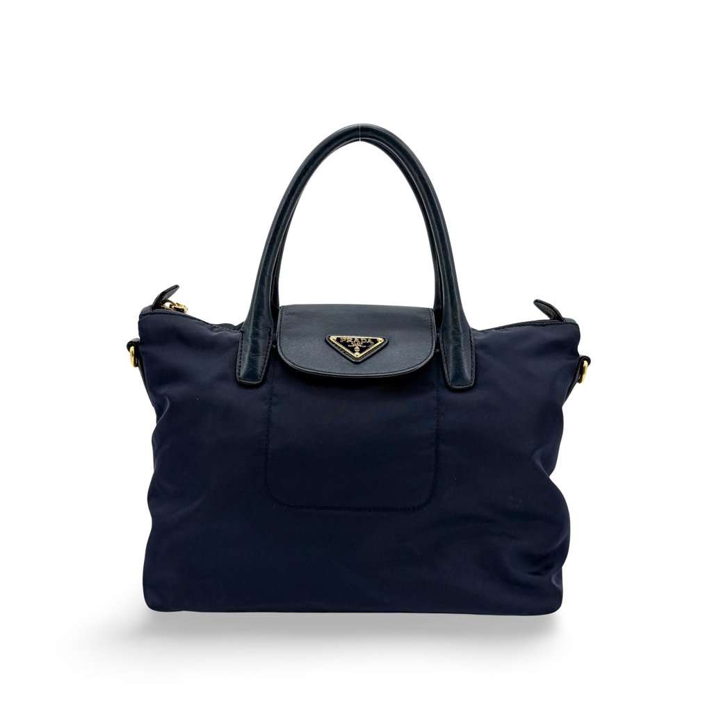 Prada Tessuto Saffiano Tote Bag Navy Navy Leather Good - Front View