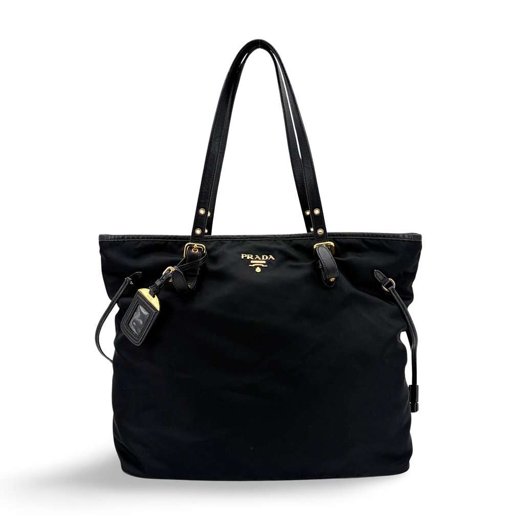 Prada Tessuto Nylon Saffiano Tote Bag Black Black Leather Good - Front View