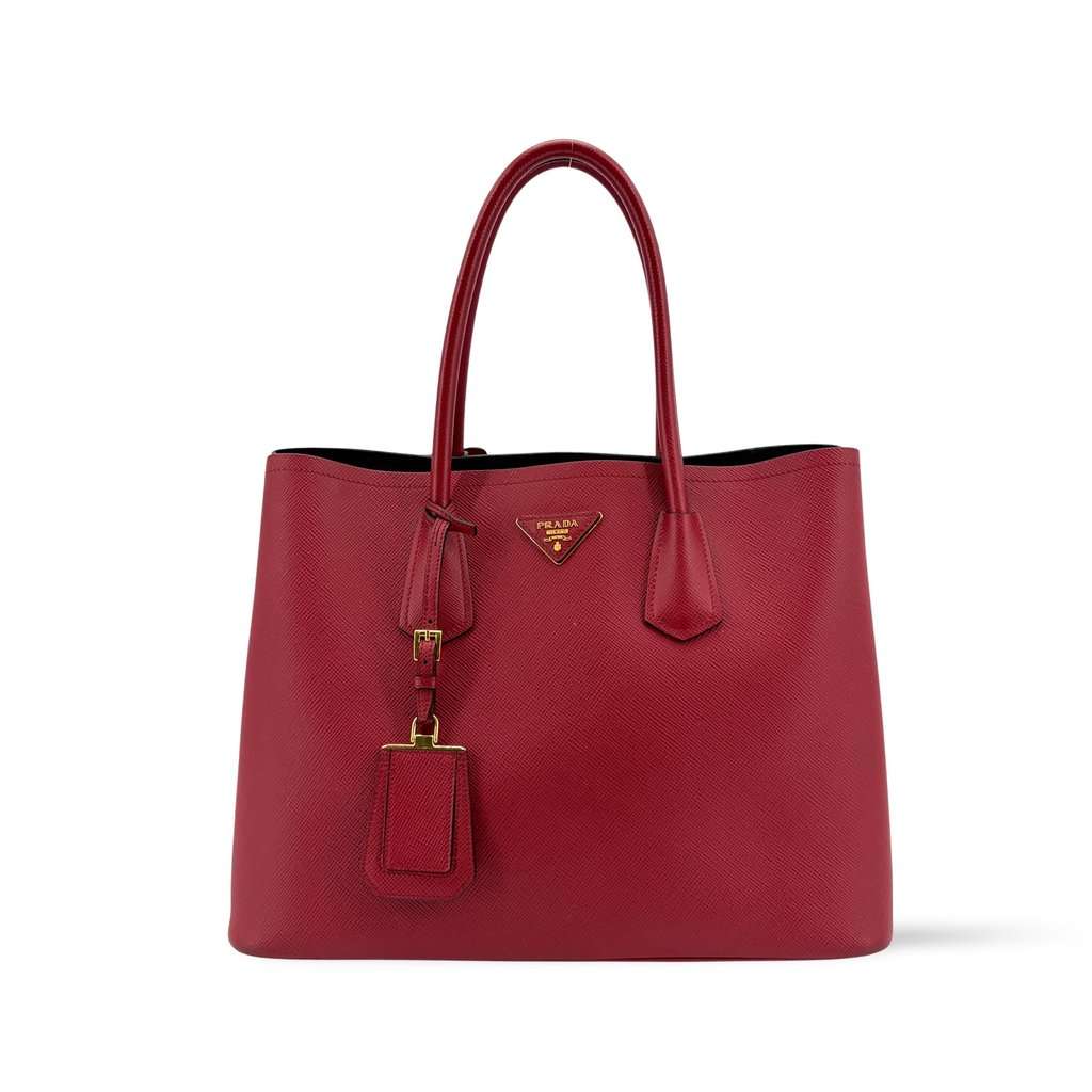 Prada Saffiano Double Tote Bag Red Gold Hardware Red Leather Very good - Front View