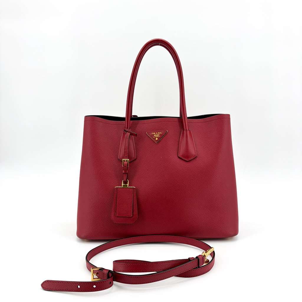 Prada Saffiano Double Tote Bag Red Gold Hardware Red Leather Very good - Back View