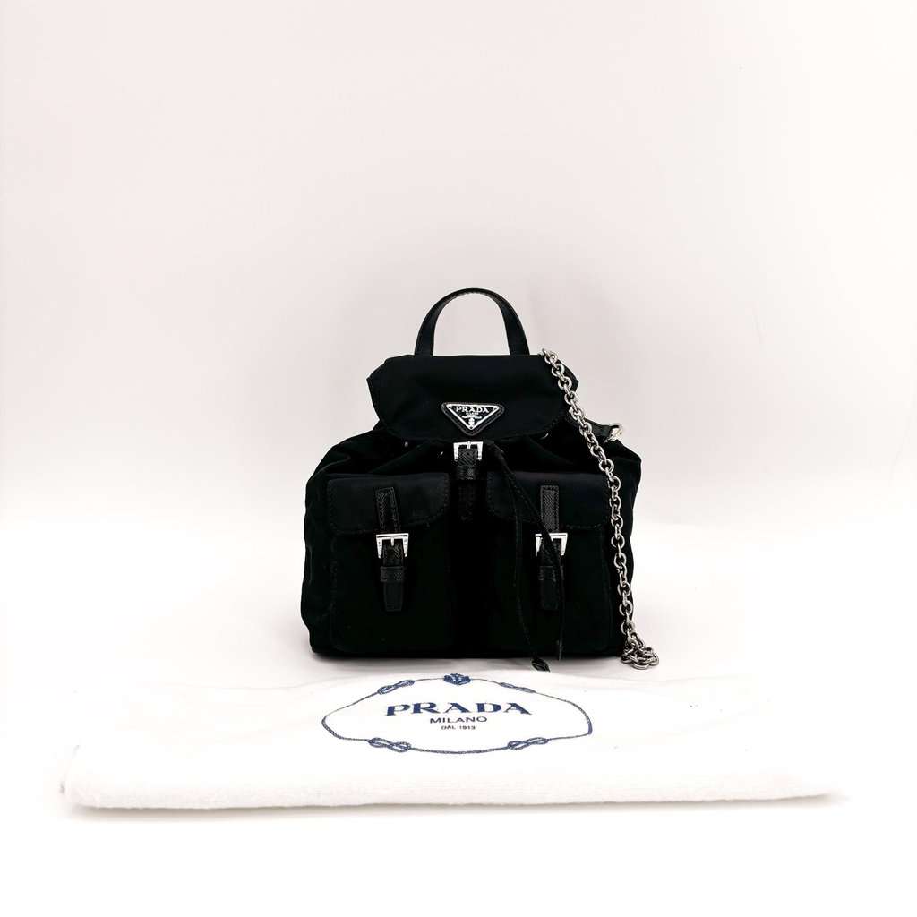 Prada Nylon Mini Chain Backpack Black Black Polyamide Good - Back View