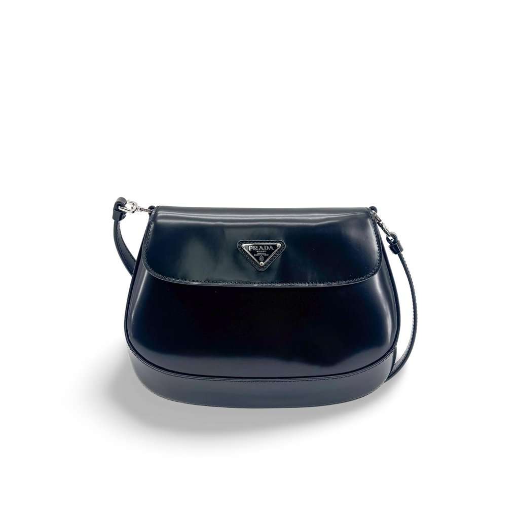 Prada Cleo Brushed Leather Flap Shoulder Bag Black Black Leather Very good - Front View