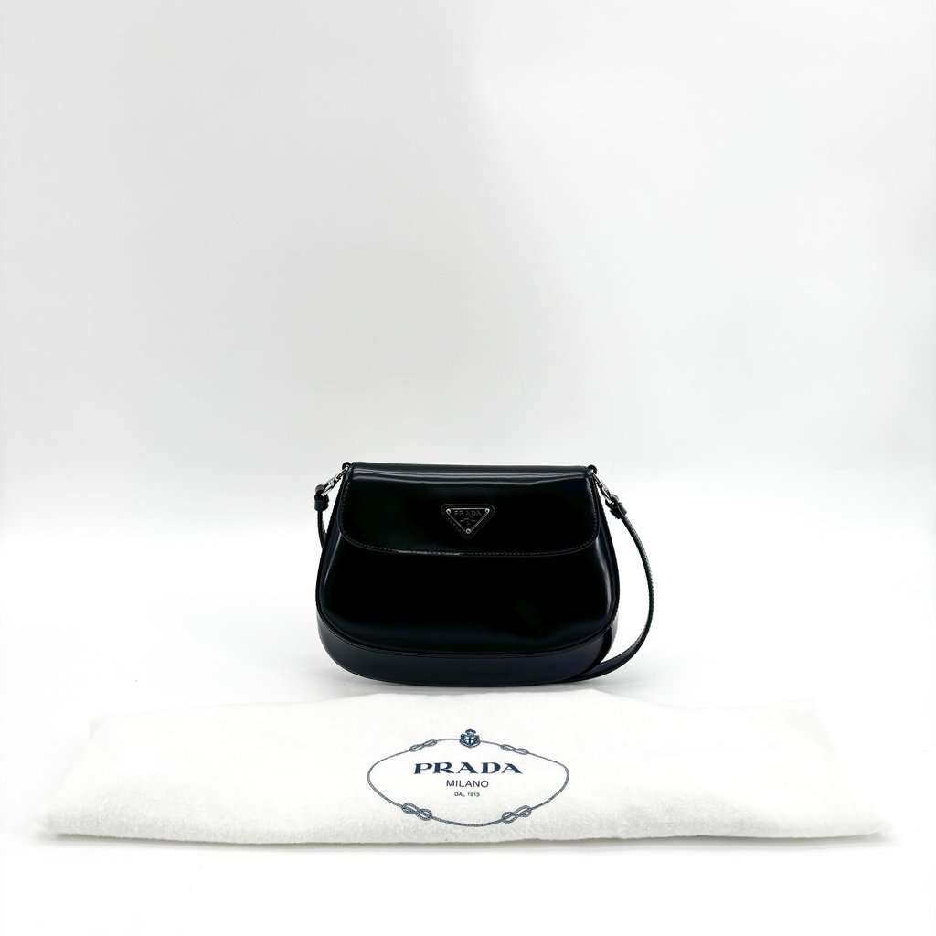 Prada Cleo Brushed Leather Flap Shoulder Bag Black Black Leather Very good - Back View