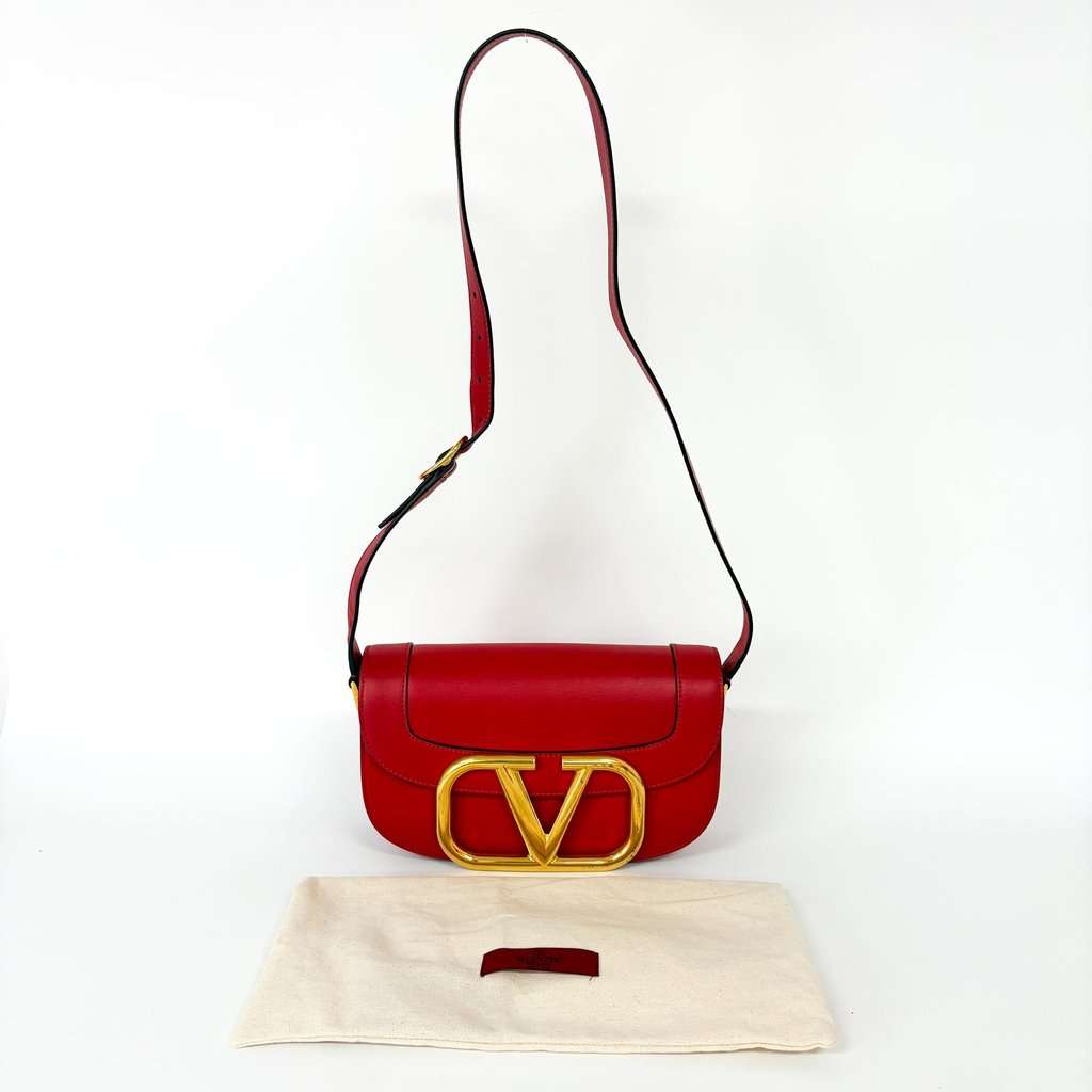 Valentino V-Ring Superbee Crossbody Bag Red Gold Leather Fair - Back View