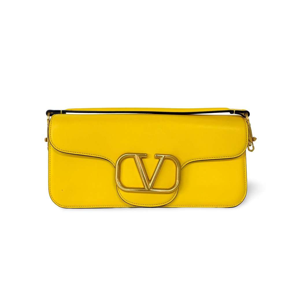 Valentino Garavani V-Logo Rocco Shoulder Bag Yellow Gold Leather Good - Front View