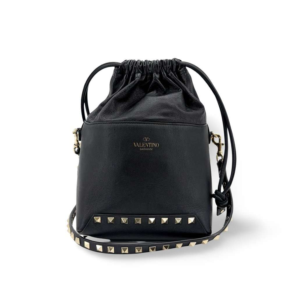 Valentino Garavani Rockstud Small Bucket Bag Black Black Leather Good - Front View