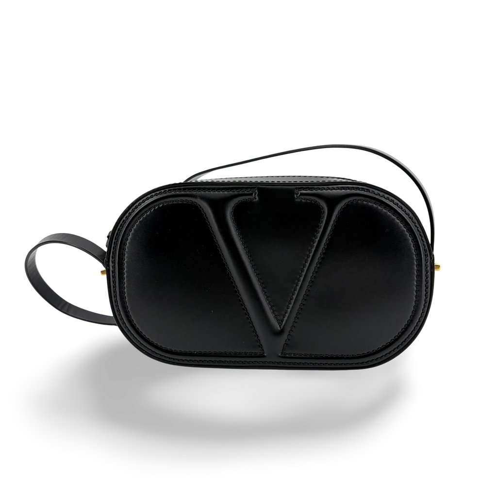 Valentino Garavani V-Logo Signature Oval Leather Shoulder Bag Black Black Leather Very good - Front View