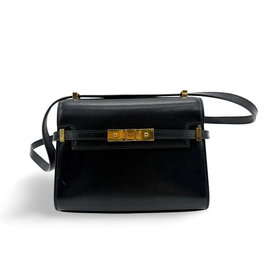 Saint Laurent Manhattan Shoulder Bag Black Gold Hardware Black Leather Good - Front View
