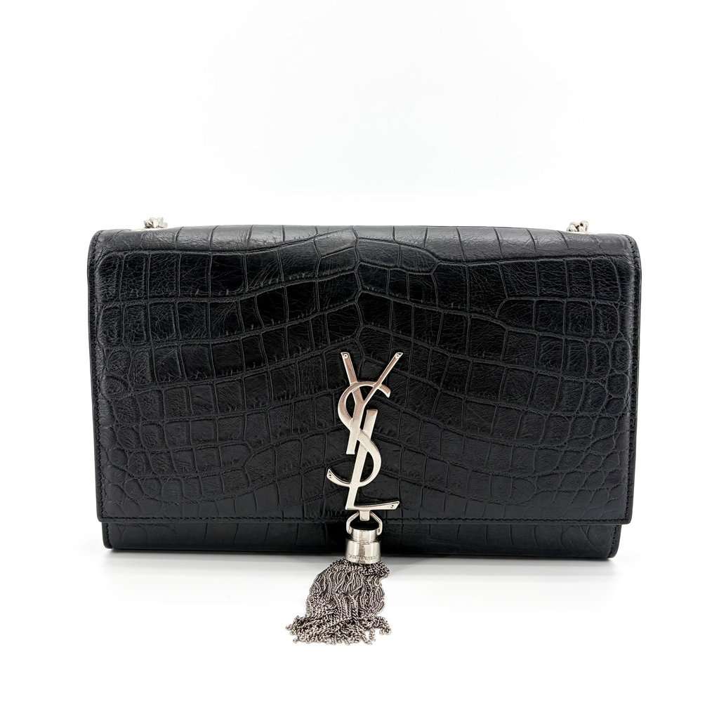 Saint Laurent Medium Kate Tassel Shoulder Bag Crocodile Embossed Black Silver Hardware Black Leather Very good - Front View