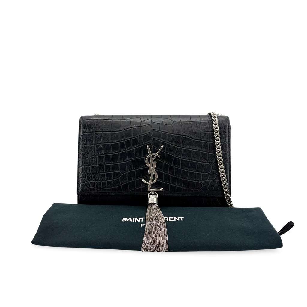 Saint Laurent Medium Kate Tassel Shoulder Bag Crocodile Embossed Black Silver Hardware Black Leather Very good - Back View