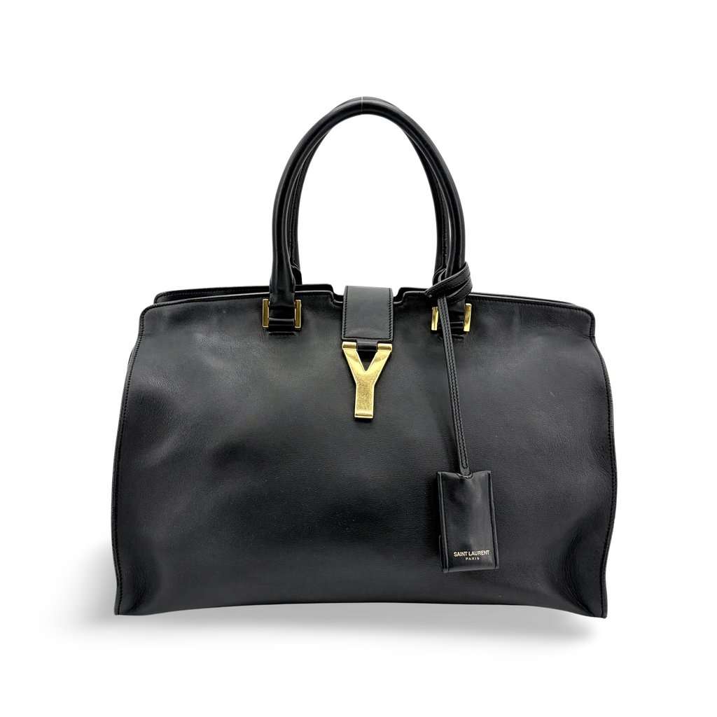 Saint Laurent Classic Cabas Chic Large Black Gold Hardware Black Leather Good - Front View