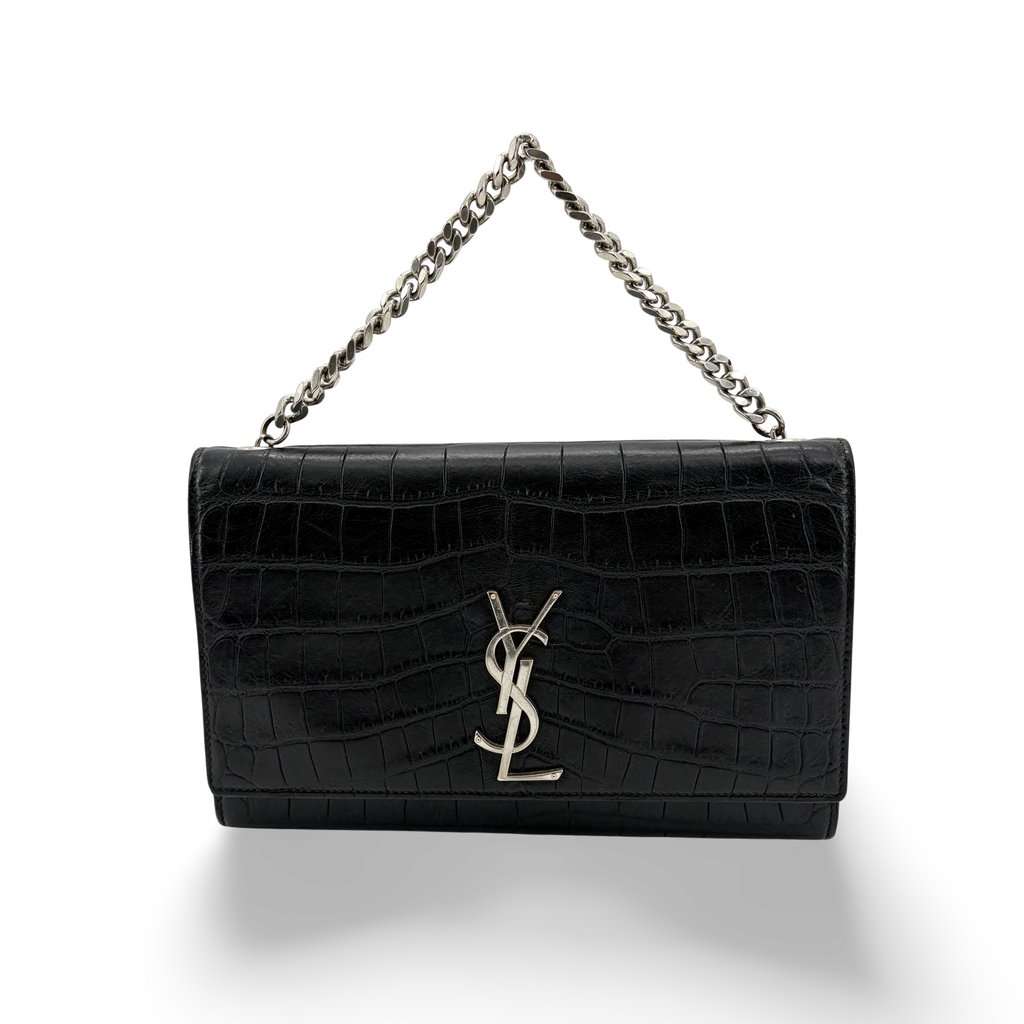 Saint Laurent Kate Medium Croc Embossed Shoulder Bag Black with Silver Hardware Black Leather Very good - Front View
