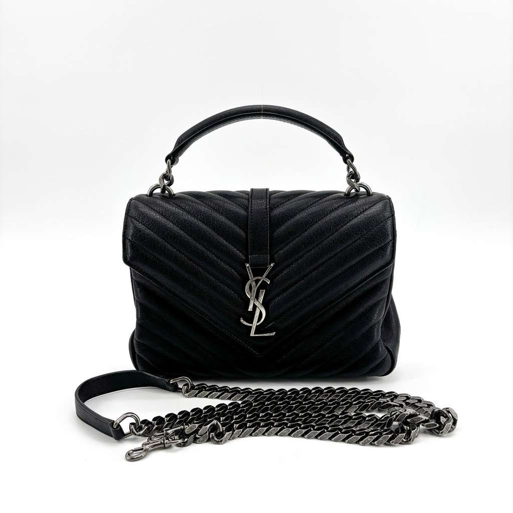 Saint Laurent Medium College Bag Black Silver Hardware Black Shearling Very good - Back View
