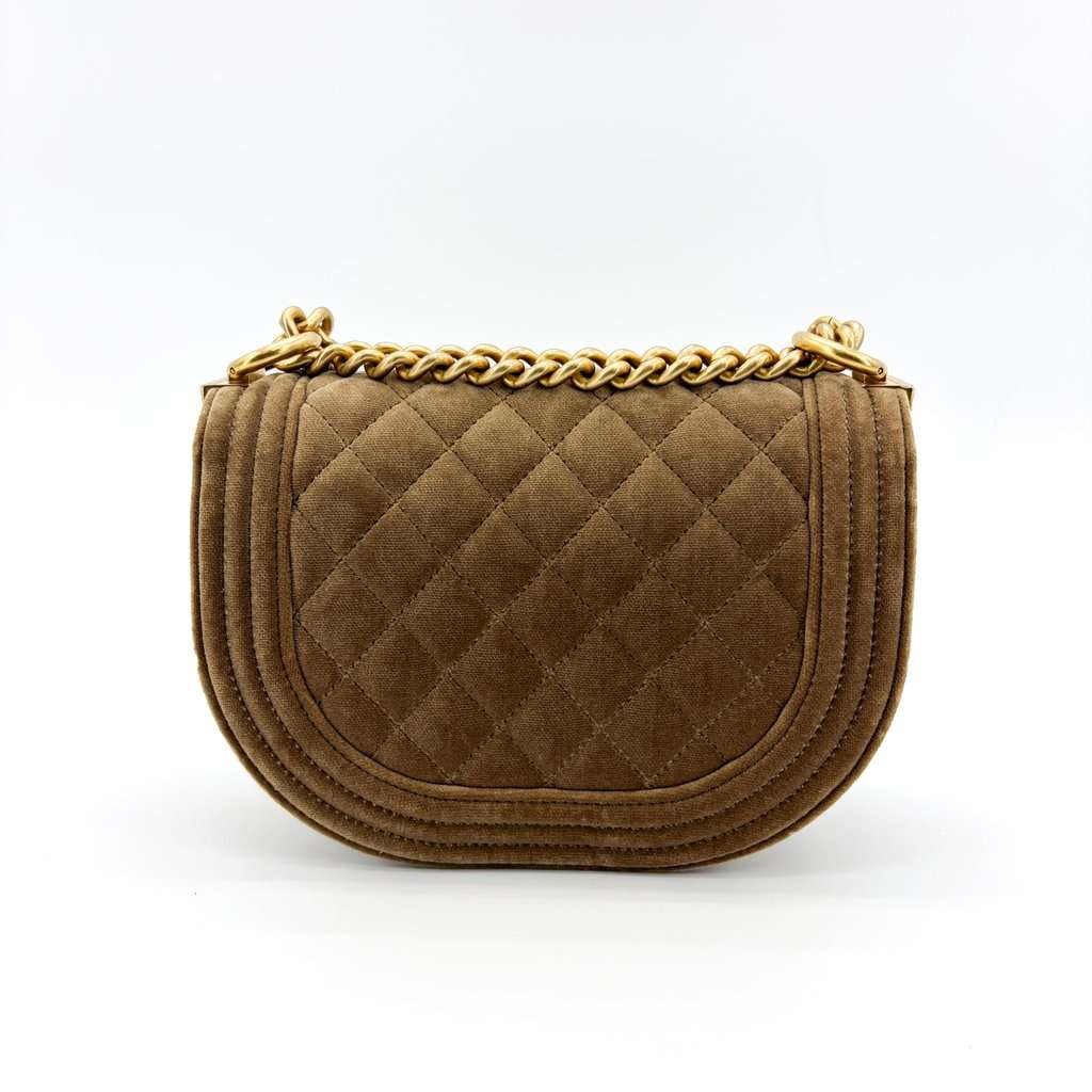 Chanel Boy Messenger Bag Velvet Brown Gold Hardware Brown Velvet Good - Back View