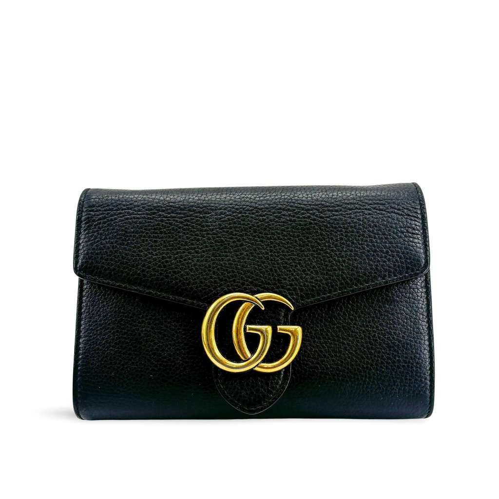 Gucci GG Marmont Textured Leather Chain Wallet Black Black Leather Good - Front View