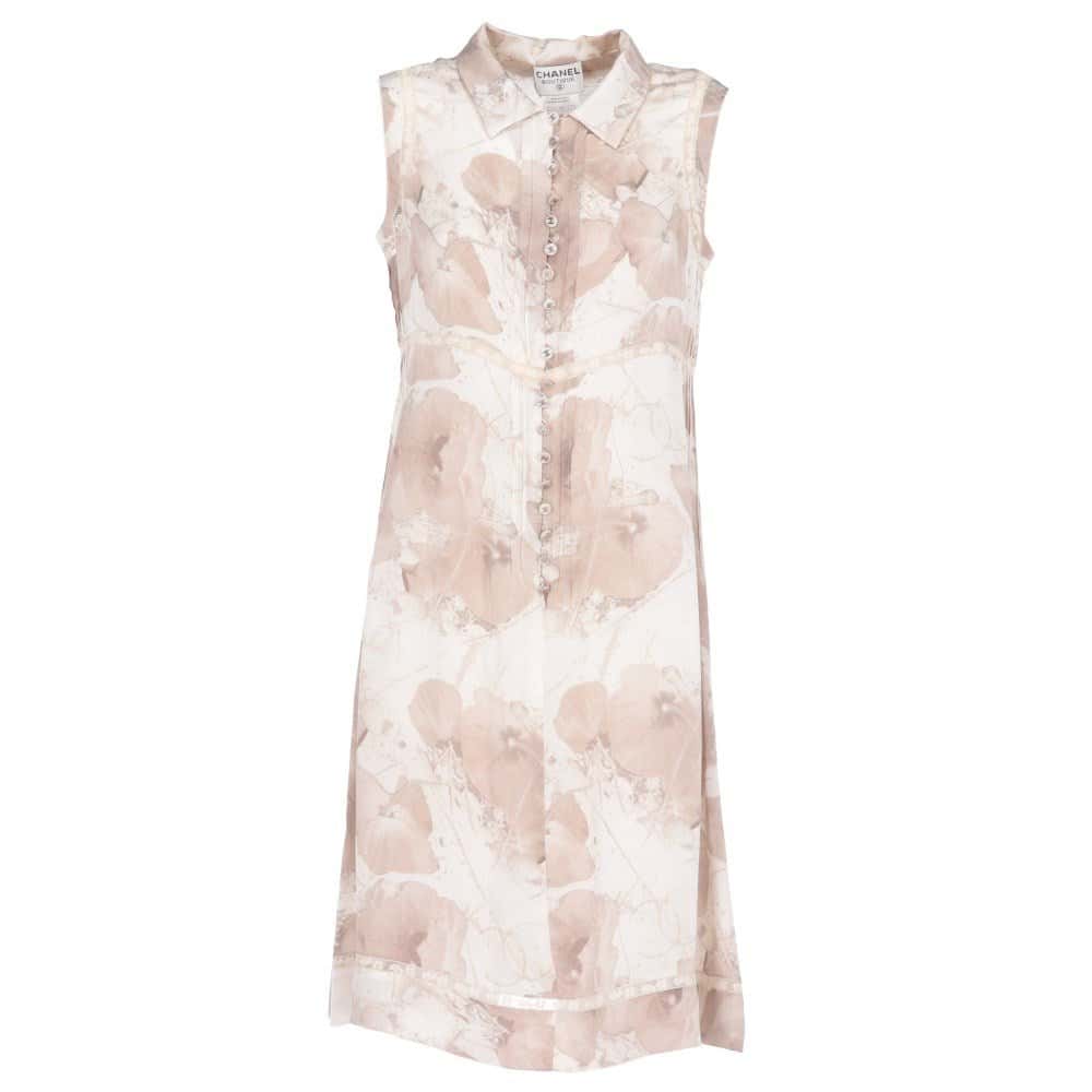 Chanel Beige Silk Floral Dress - 2000s Beige Silk Good - Front View