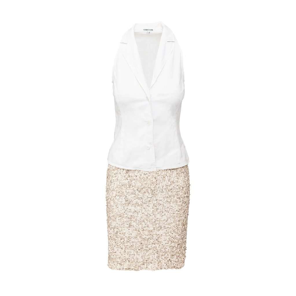 Unsigned Cerruti 1881 Sequin Skirt and Shirt Set - '90s White Silk Good - Front View