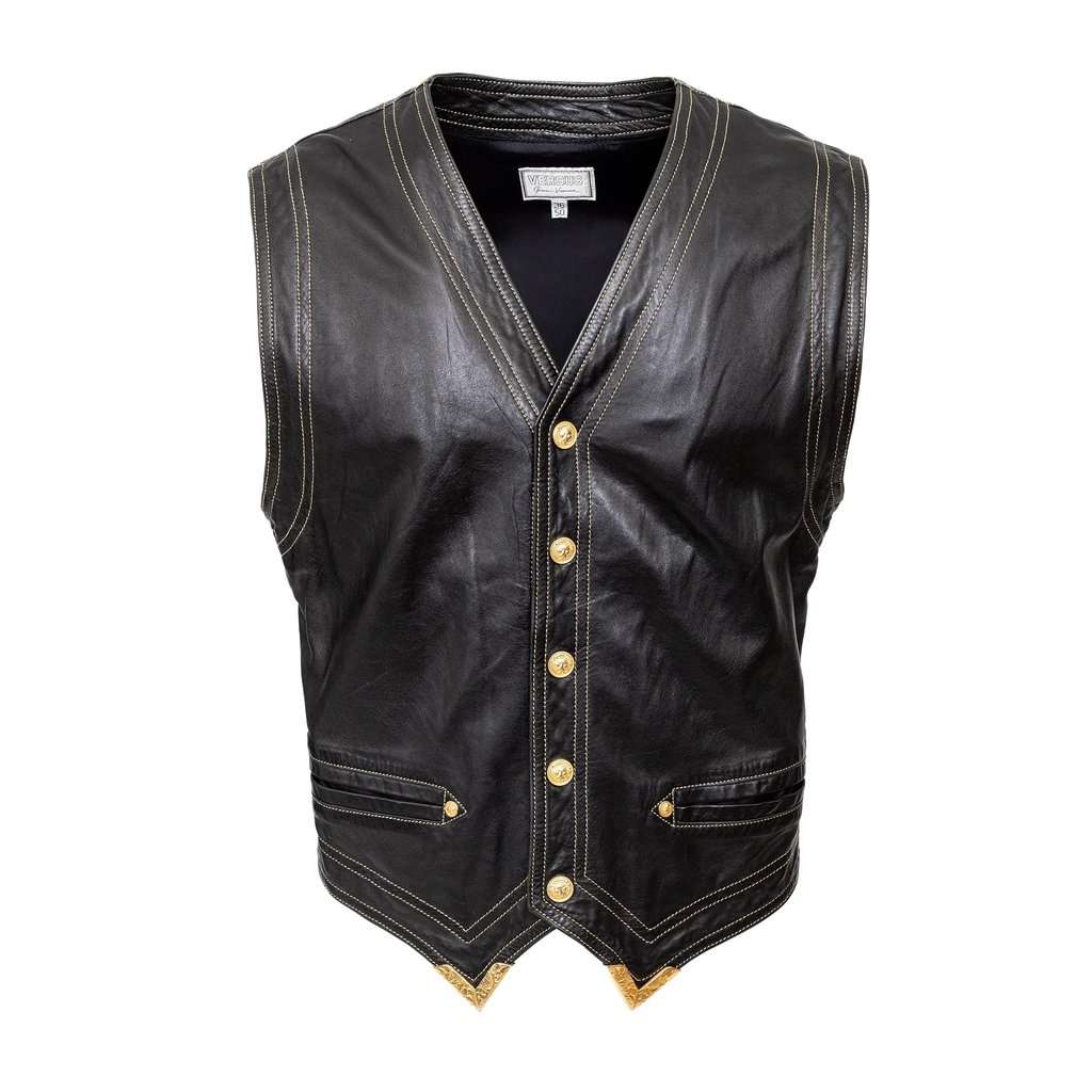 Gianni Versace Versus Leather Vest - '90s Black Leather Good - Front View