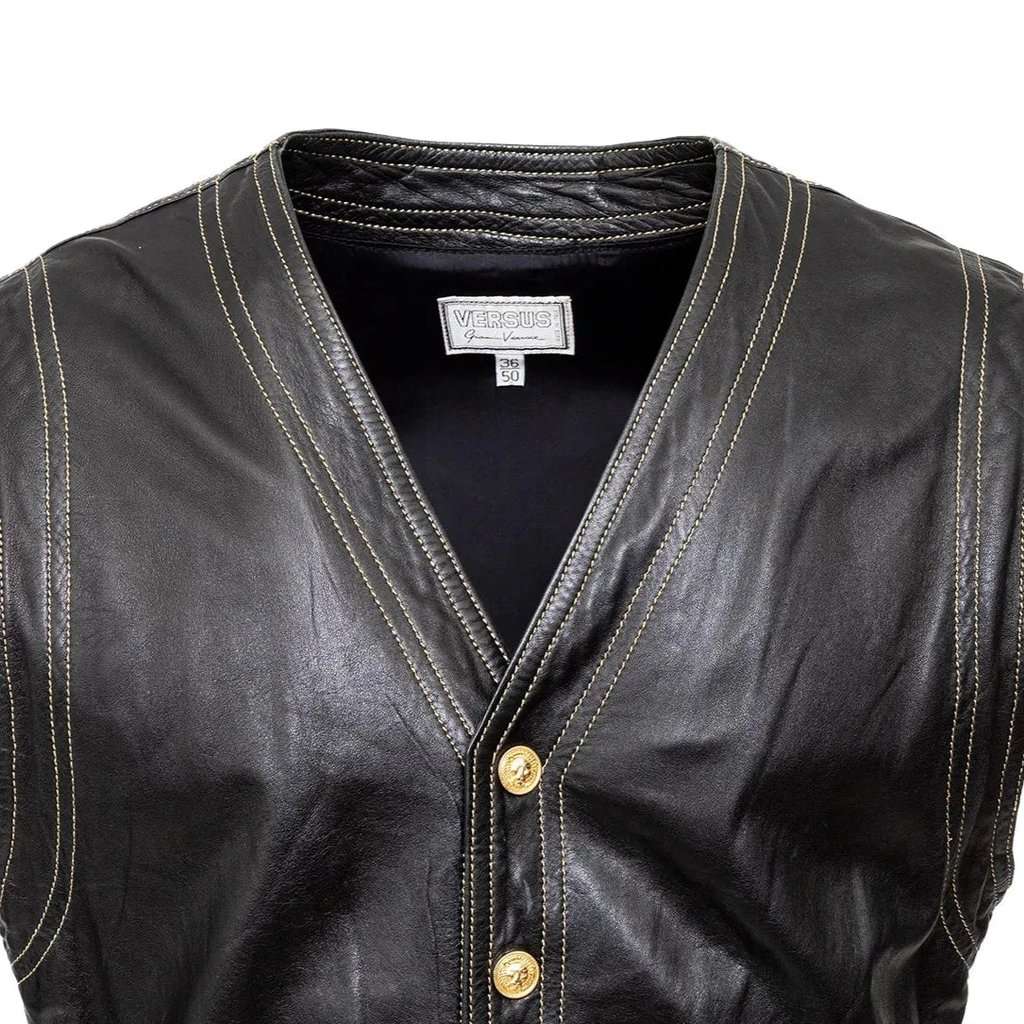 Gianni Versace Versus Leather Vest - '90s Black Leather Good - Model View