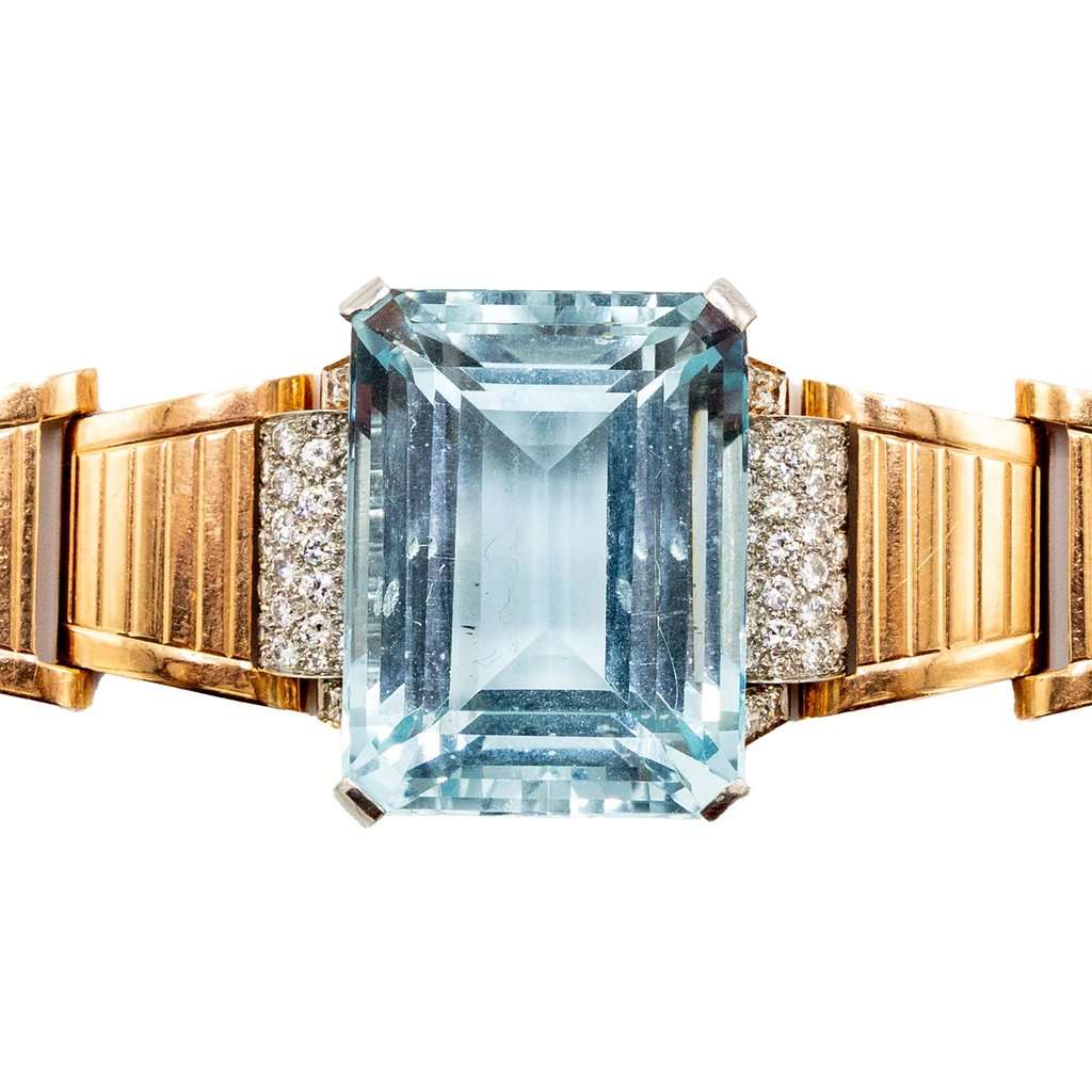 Unsigned Retro 18k Gold Bracelet with Aquamarine and Diamonds – '40s Gold Good - Front View