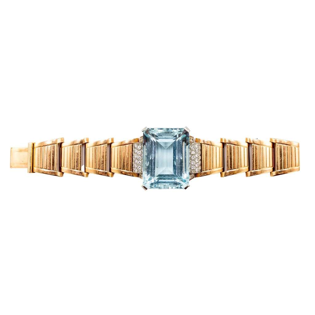 Unsigned Retro 18k Gold Bracelet with Aquamarine and Diamonds – '40s Gold Good - Inside View