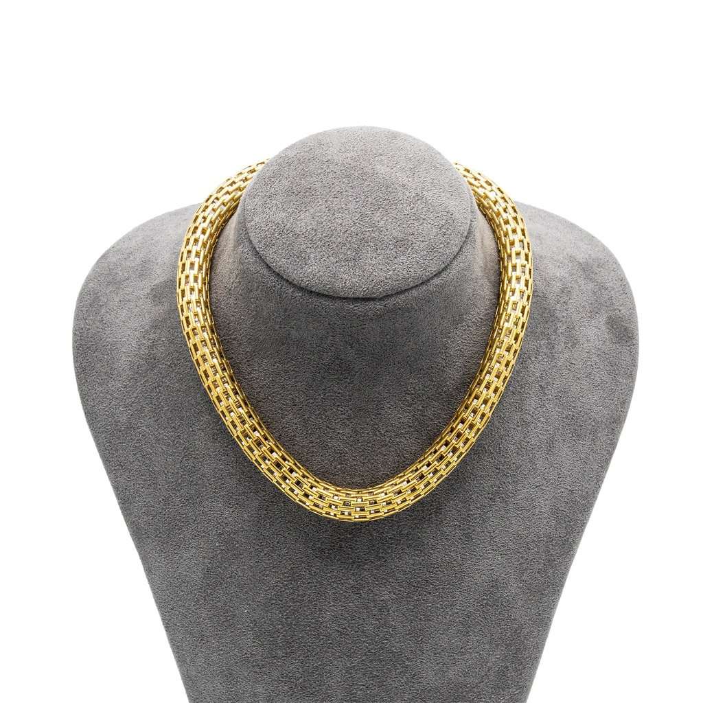 Unsigned Vintage 18K Yellow Gold Woven Collar Necklace - '80s Yellow Lace Good - Front View