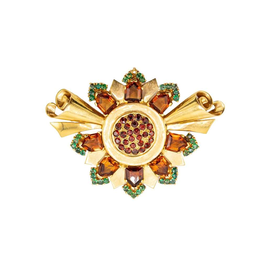 Unsigned Retro Sunburst Brooch in Gold with Garnet and Emerald Accents ' 60s Gold Good - Front View