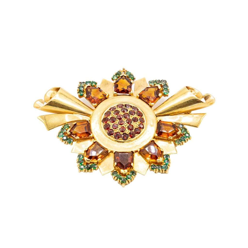Unsigned Retro Sunburst Brooch in Gold with Garnet and Emerald Accents ' 60s Gold Good - Back View