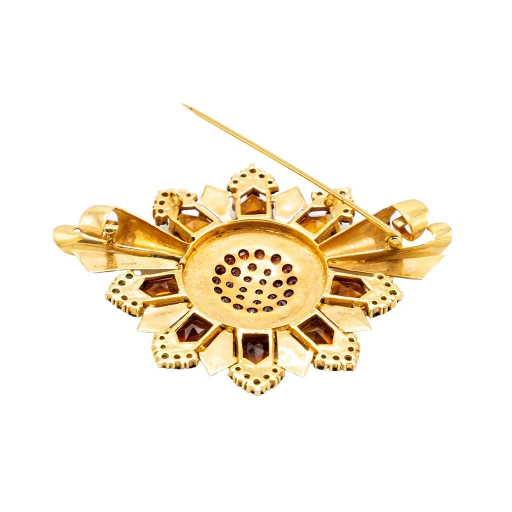 Unsigned Retro Sunburst Brooch in Gold with Garnet and Emerald Accents ' 60s Gold Good - Model View