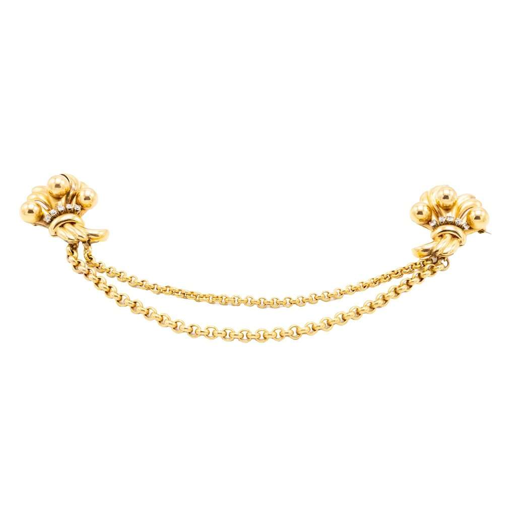 Unsigned Vintage 18K Gold Double Clip Brooch with Diamonds – Retro Bow Sheaf Design - '40s Gold Good - Front View