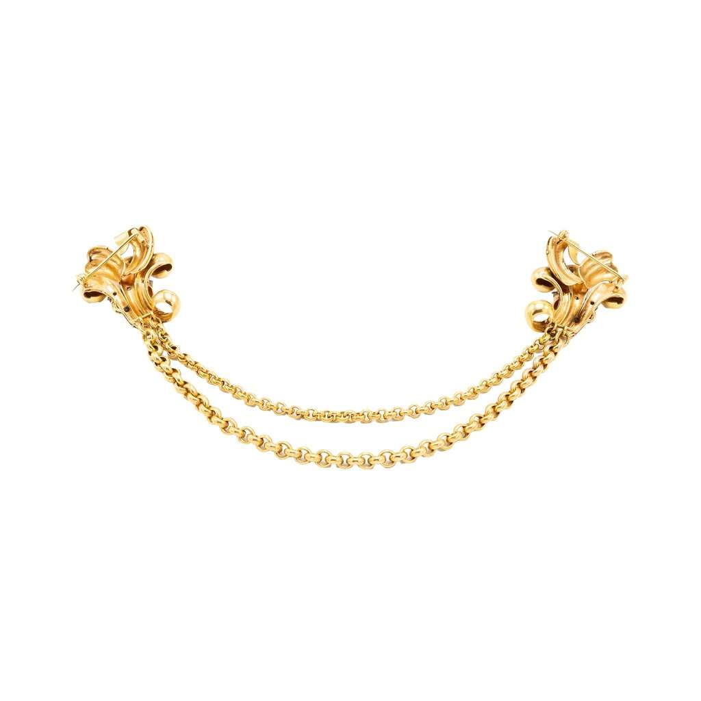 Unsigned Vintage 18K Gold Double Clip Brooch with Diamonds – Retro Bow Sheaf Design - '40s Gold Good - Back View