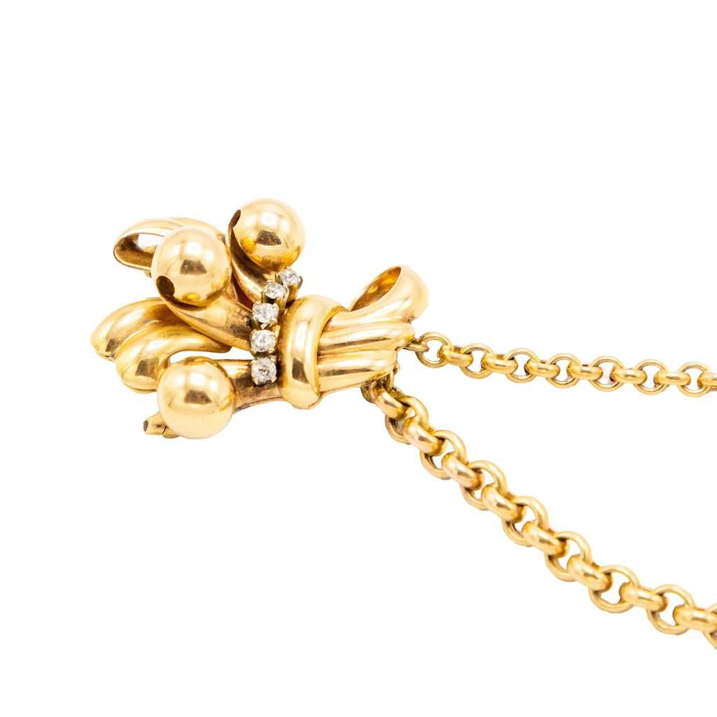 Unsigned Vintage 18K Gold Double Clip Brooch with Diamonds – Retro Bow Sheaf Design - '40s Gold Good - Model View