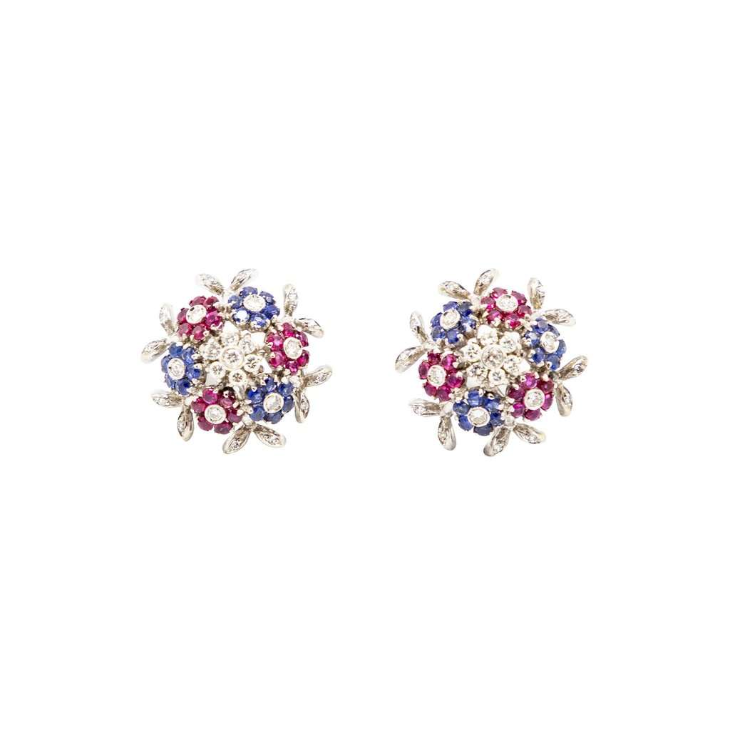 Unsigned Vintage 18K White Gold Gemstone Floral Clip Earrings ' 60s White Good - Front View