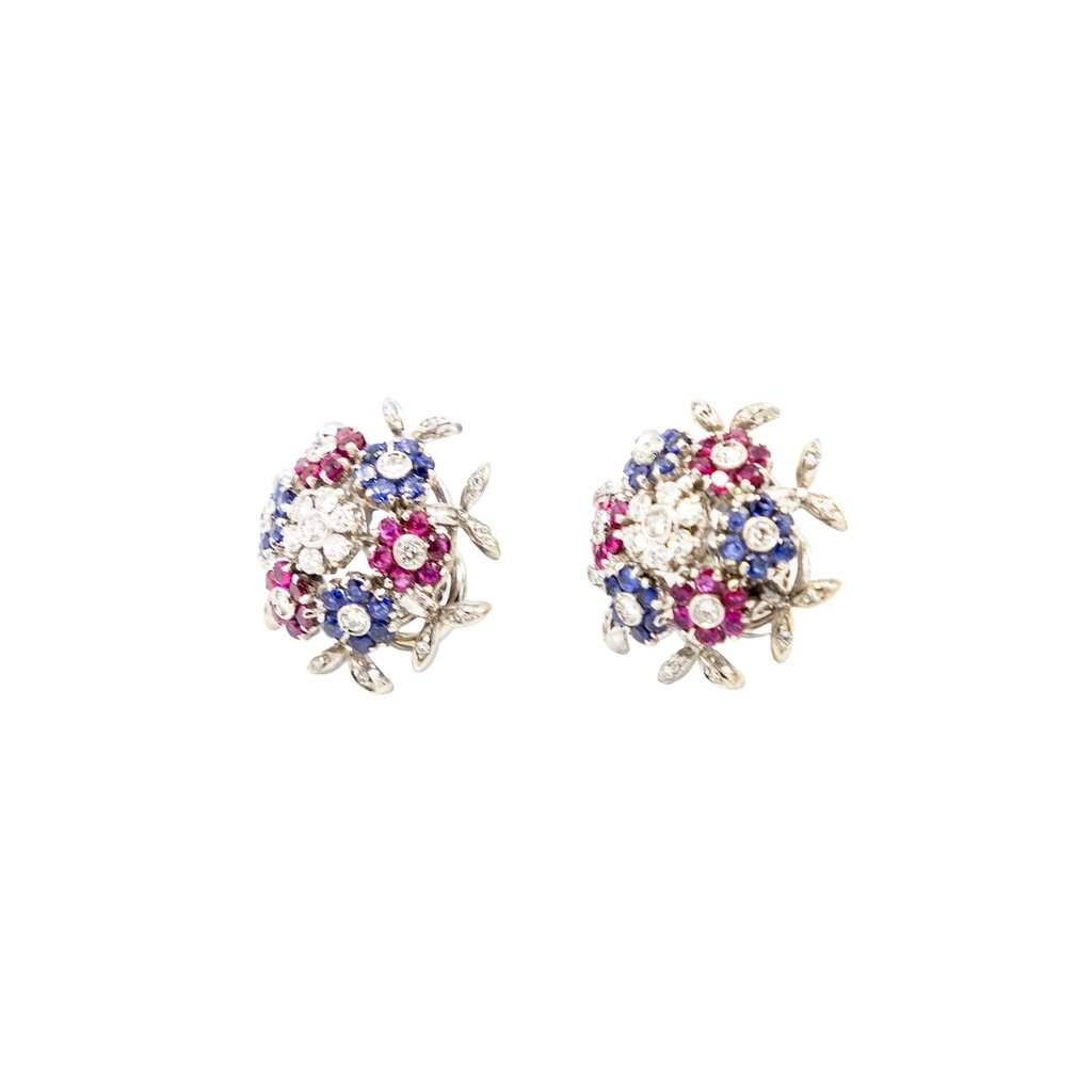 Unsigned Vintage 18K White Gold Gemstone Floral Clip Earrings ' 60s White Good - Box View