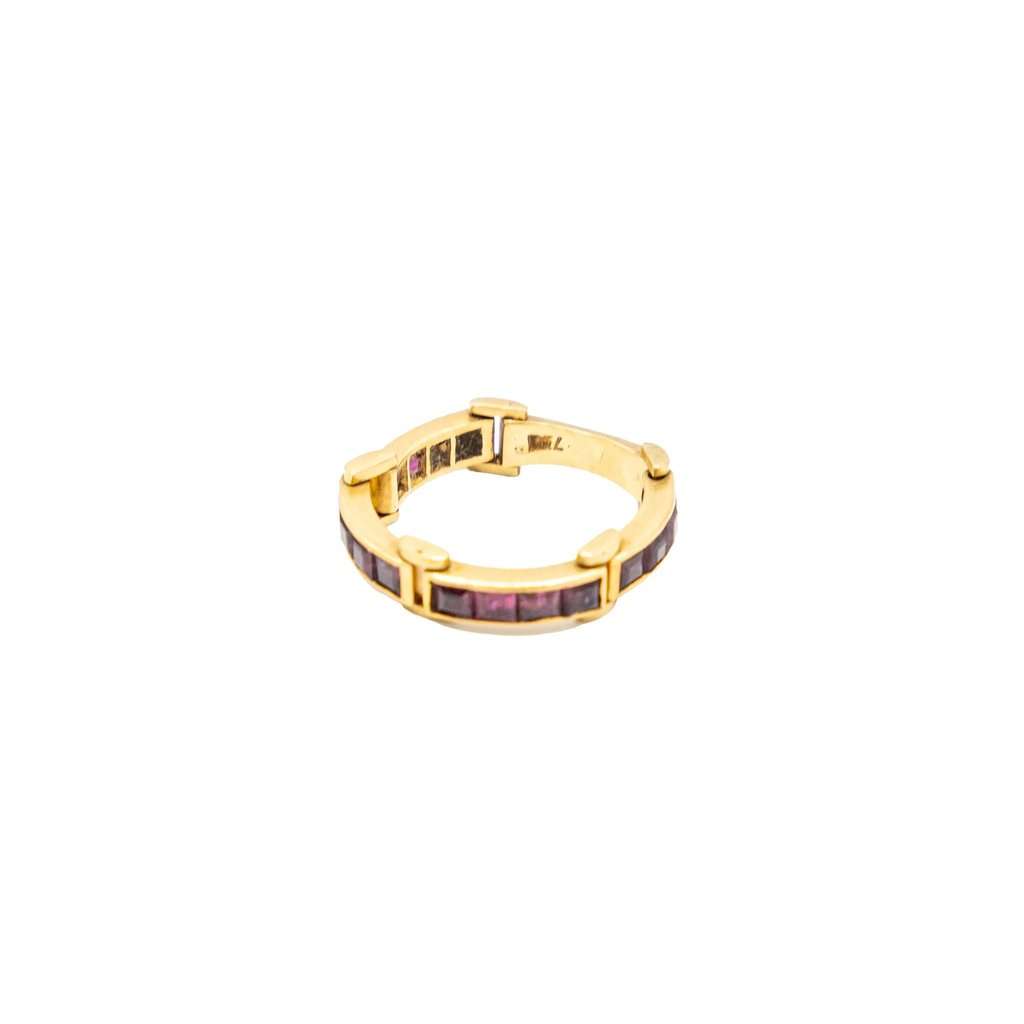 Unsigned Vintage 18K Yellow Gold Band Ring with Channel-Set Rubies - '80s Yellow Good - Front View