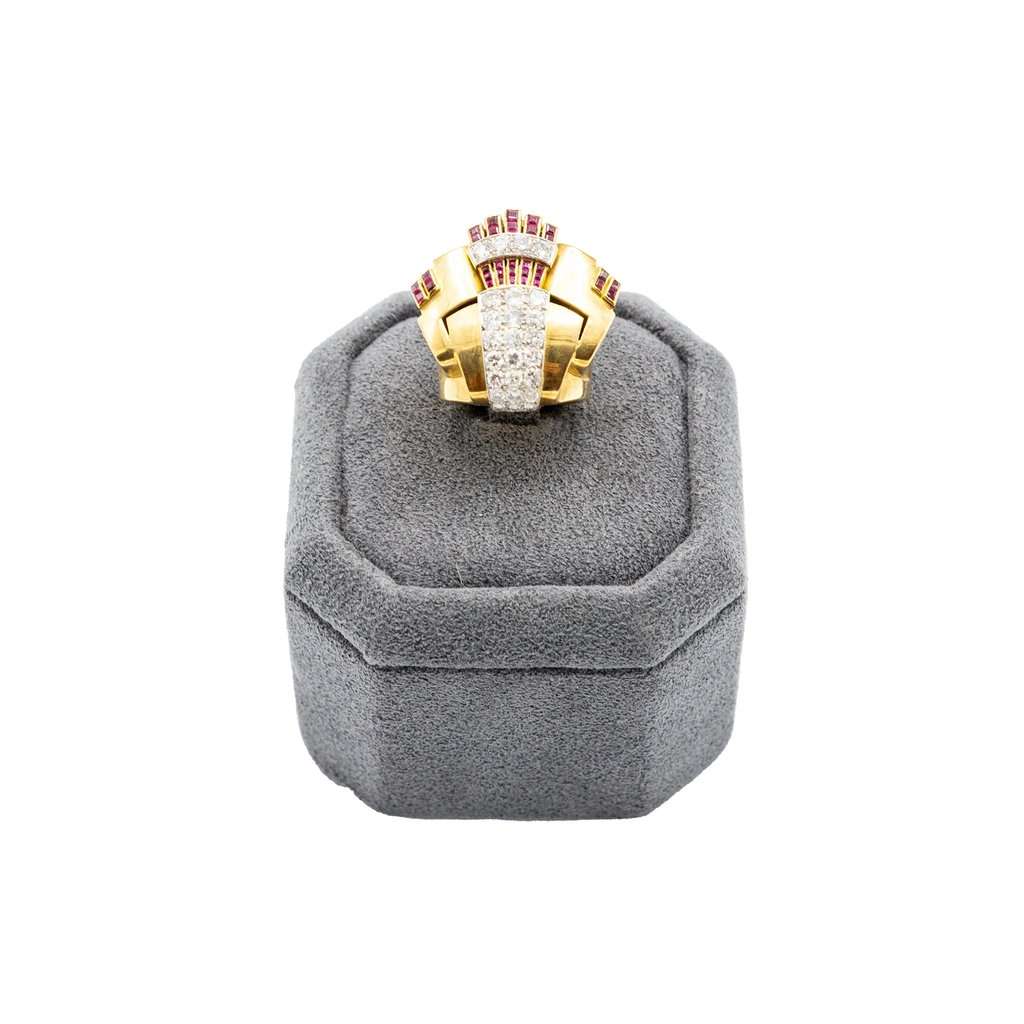 Unsigned Retro 18K Gold Cocktail Ring with Diamonds and Rubies - '40s Gold Good - Front View
