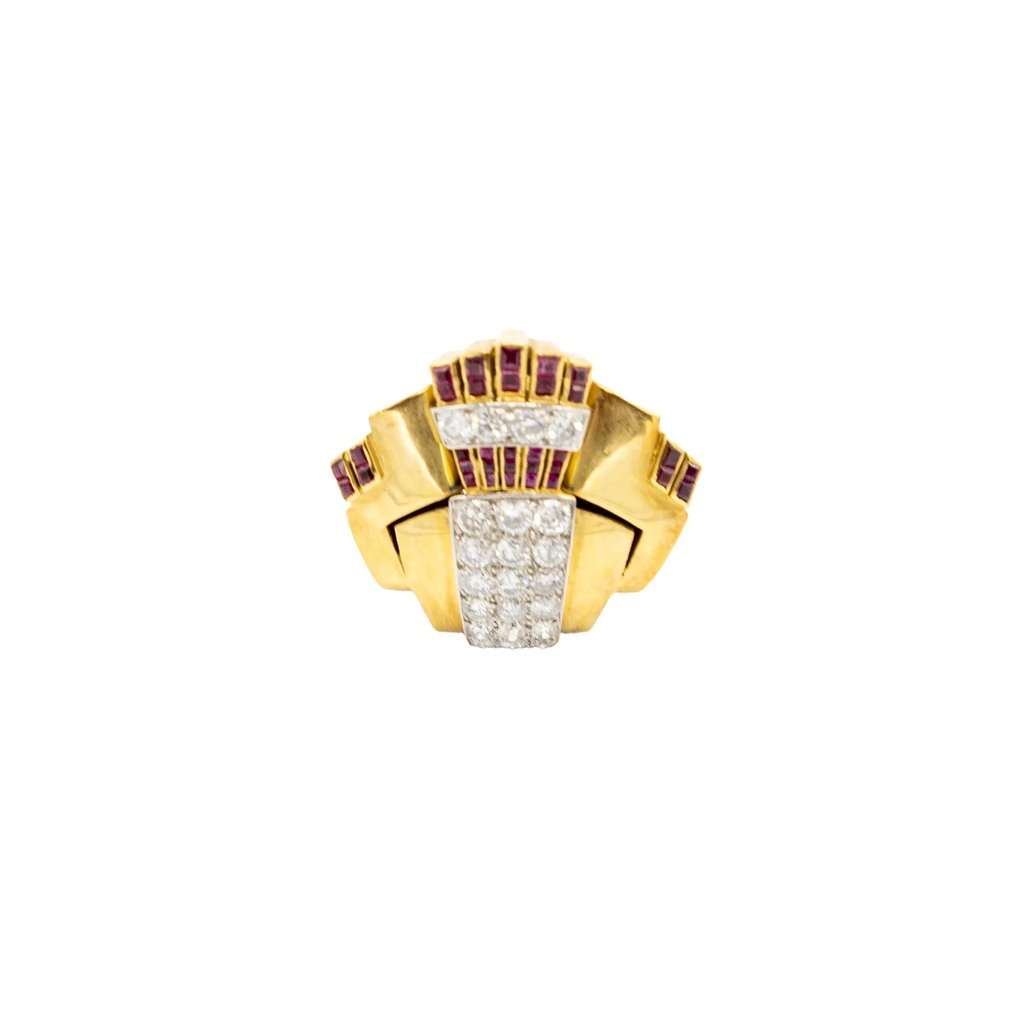 Unsigned Retro 18K Gold Cocktail Ring with Diamonds and Rubies - '40s Gold Good - Inside View