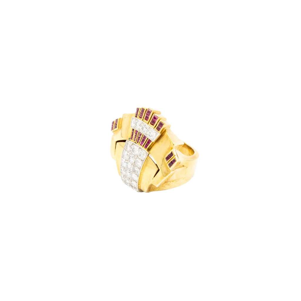 Unsigned Retro 18K Gold Cocktail Ring with Diamonds and Rubies - '40s Gold Good - Box View