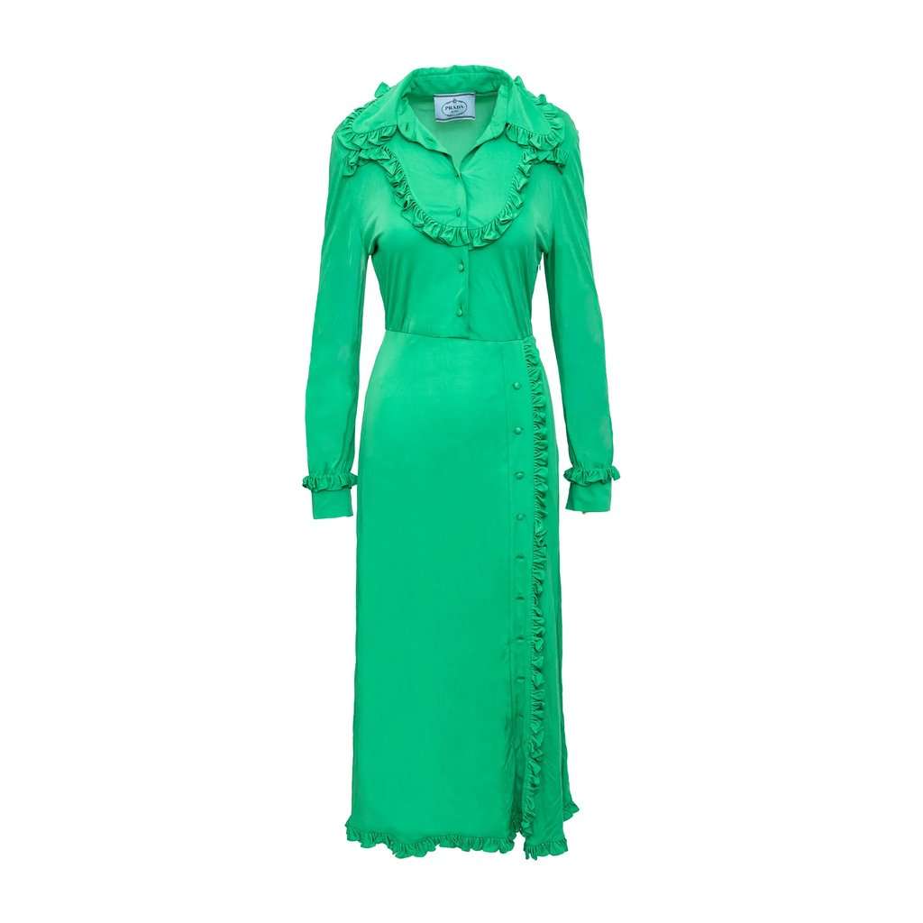 Prada Ruffle Collar Long Dress - '20s Green Good - Front View