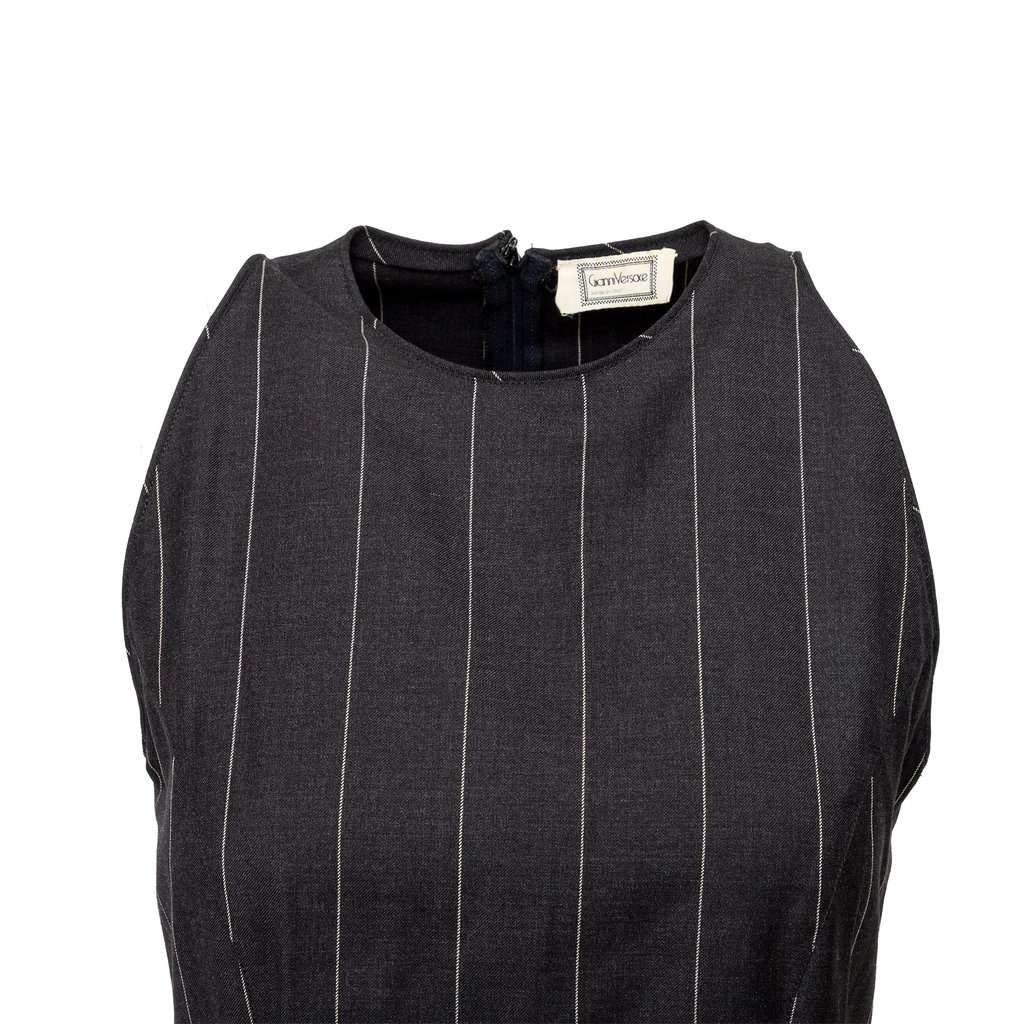 Versace Pinstripe Mini Dress - '90s Grey Wool Good - Model View